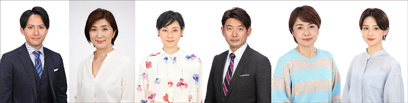 左からフジテレビ安宅晃樹アナ、佐々木恭子アナ、島田彩夏アナ、谷岡慎一アナ、西山喜久恵アナ、宮司愛海アナ